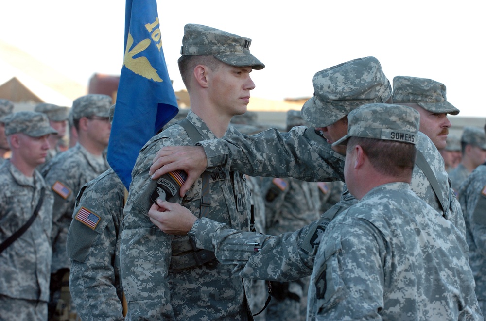 Capt. Wilson receives his 101st Airborne Division (Air Assault) combat patc