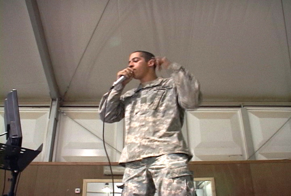 Pvt. Babineau sings along to one of his favorite songs