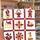 A person holds up a handmade appliqué quilt featuring red, white, and yellow floral-patterned fabric blocks arranged in a grid. The quilt displays various traditional motifs including figures, a house, a swan, flowers, a star, and a cross. The setting appears to be a room with well-stocked bookshelves in the background.