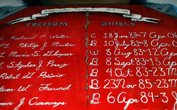The image shows a painted memorial board or mural with a red background, divided into two columns labeled 'FREEDOM' and 'SHIELD'. It lists military or law enforcement personnel by rank and name on the left, with corresponding letter codes and date ranges on the right. The dates appear to span from the 1970s-1980s birth dates to 2006 death or service dates.