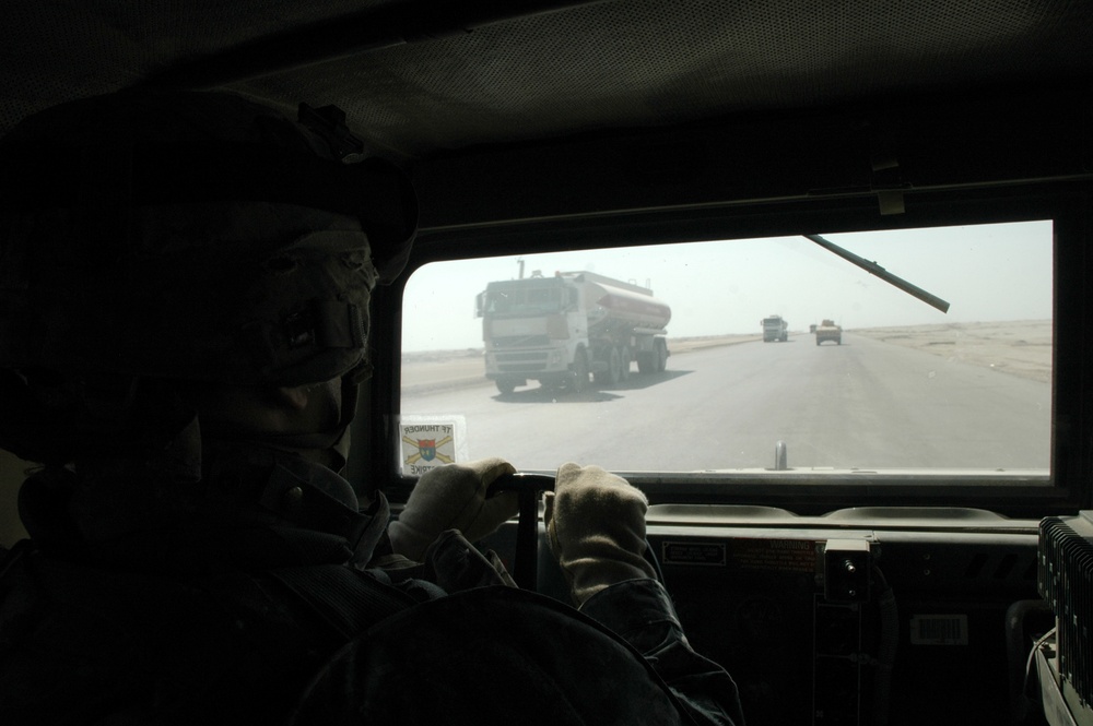 a view from the Humvee driver's seat