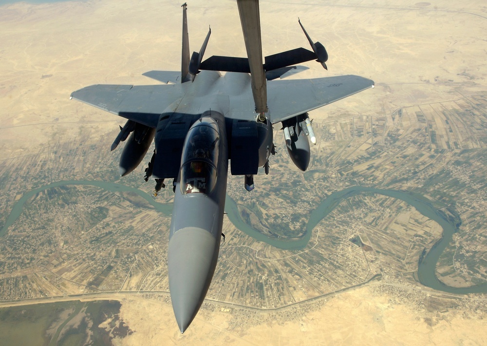 An  F-15 Strike Eagle Gets Gas From a KC-10 Extender