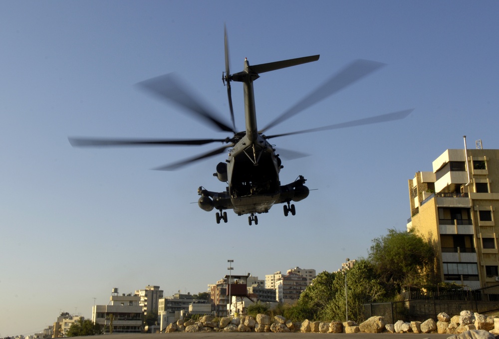 A MH-53M IV Pave Low helicopter lands at the U.S. Embassy in Beirut