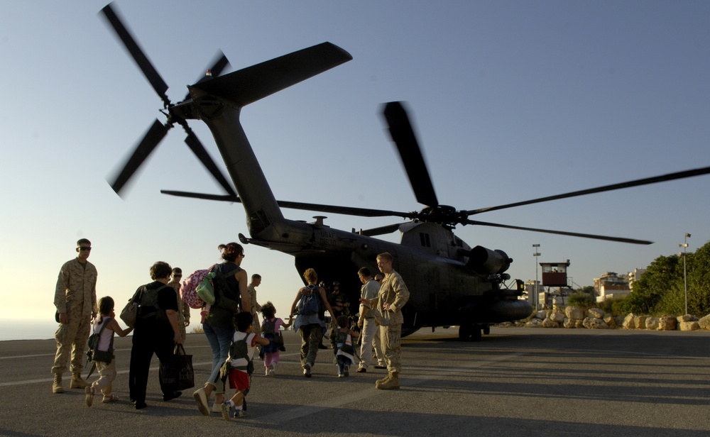 U.S. citizens leaving Lebanon board a MH-53M IV Pave Low helicopter