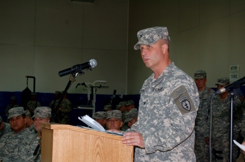 3IBCT Commander Col Patrick Stackpole Speaks to Guests During Mission Trans