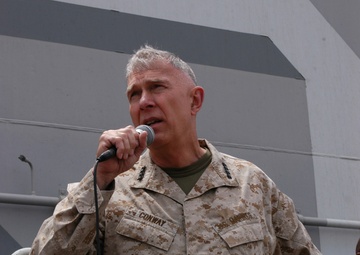 Commandant of the Marine Corps speaks aboard USS Bataan
