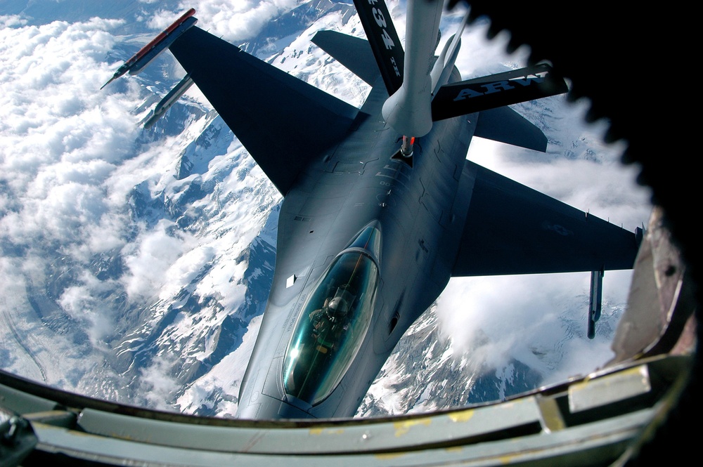 F-16 Mid-Air Refuel Above Alaskan Mountains