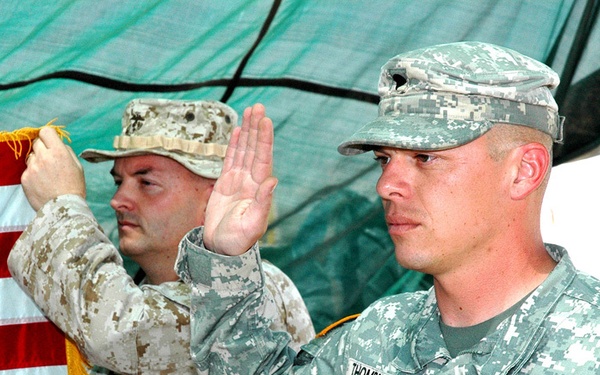 'Hoo-rah' Marine Uncle Attends 1st ACB Soldier's Re-en