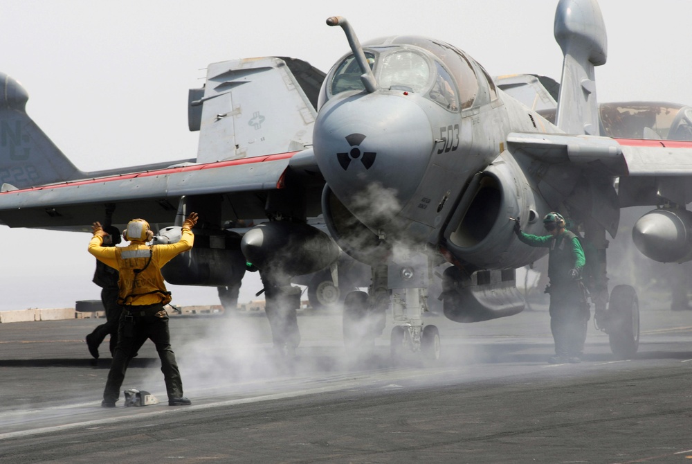 Prowler Aircraft Directed Onto Catapult