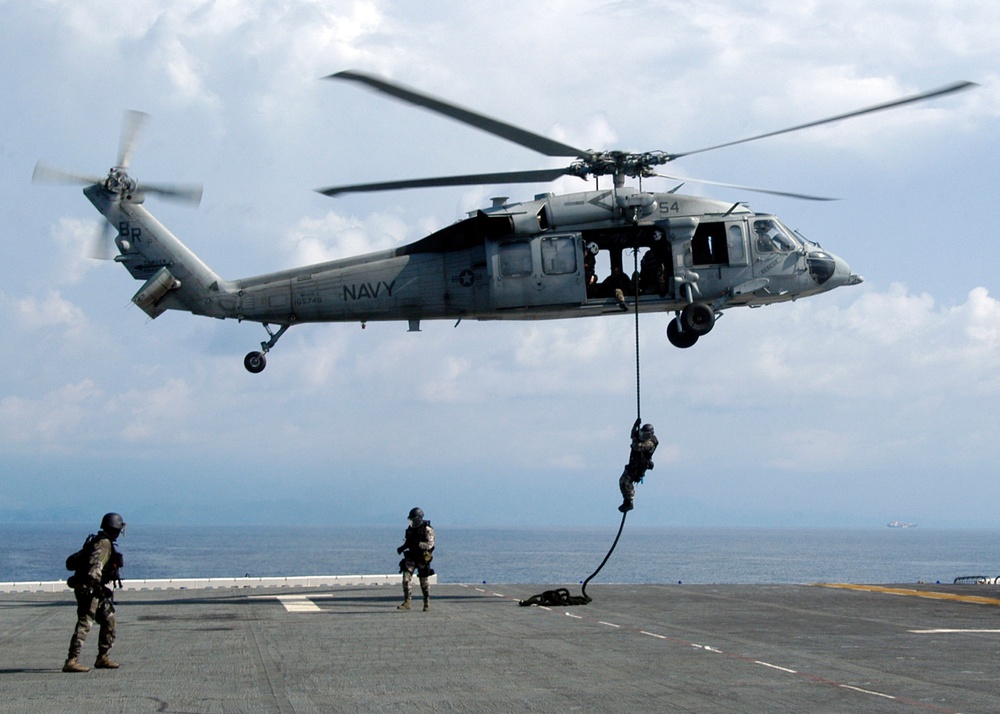 Navy Chopper, French Boarding Teams in Practice Rappel
