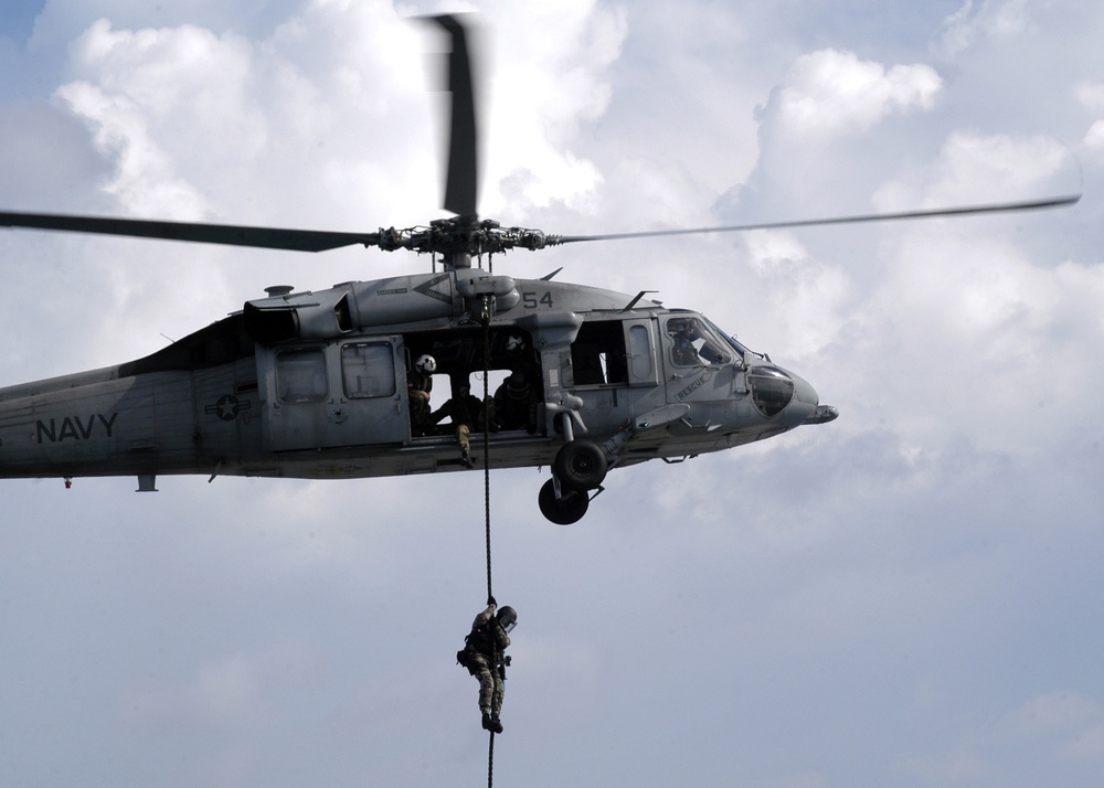 Navy Chopper, French Boarding Teams in Practice Rappel