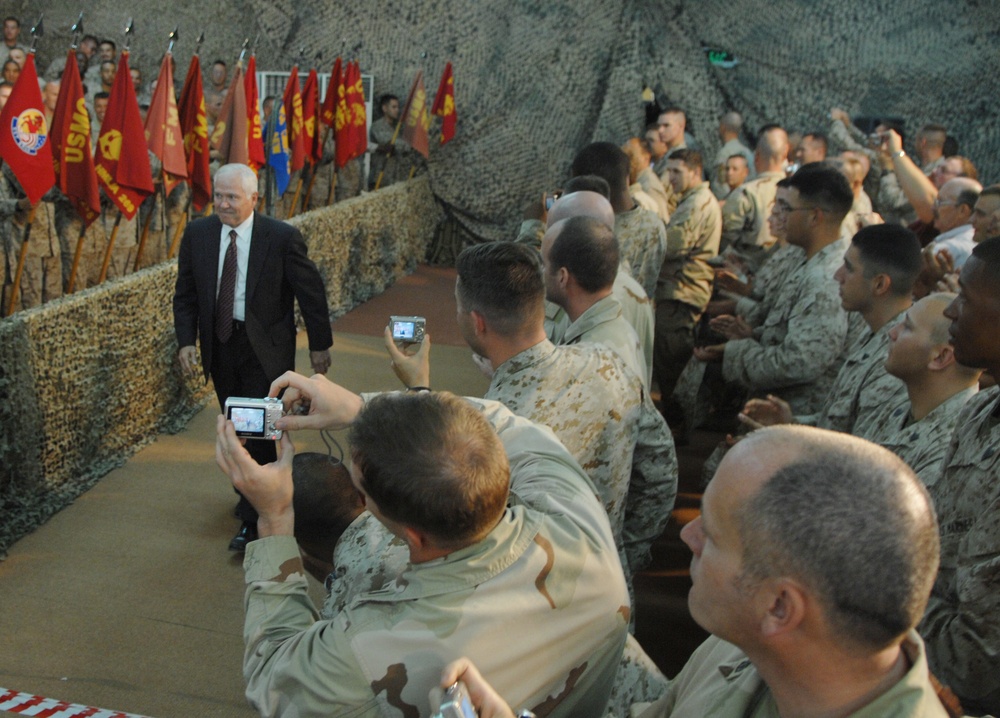 Secretary of Defense Robert Gates Walks by Marines During Labor Day Visit