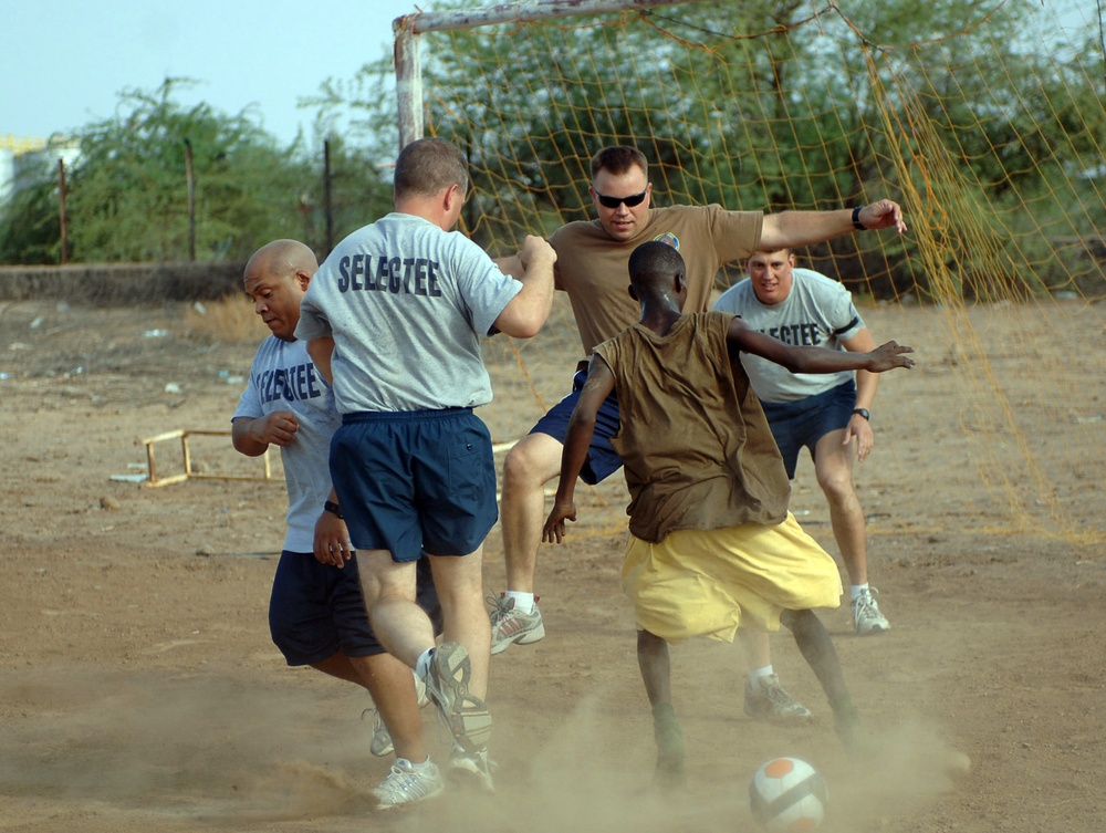 Sailors enjoy a game of soccer in Djibouti