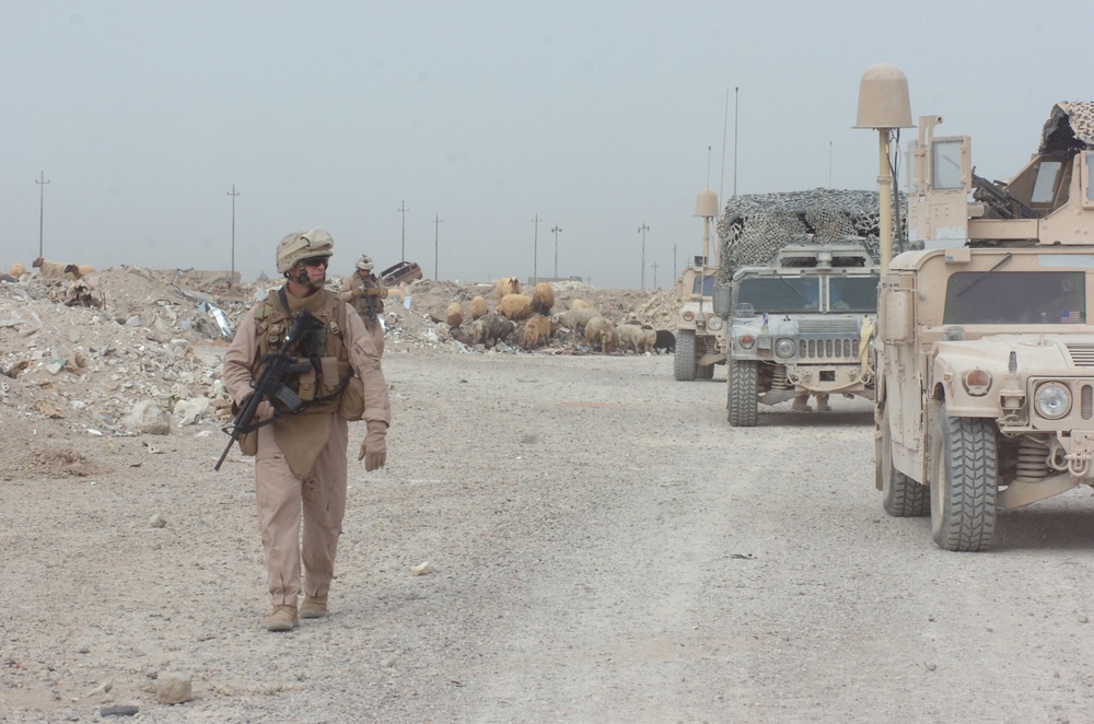 Marines and Iraqi police distribute food bags