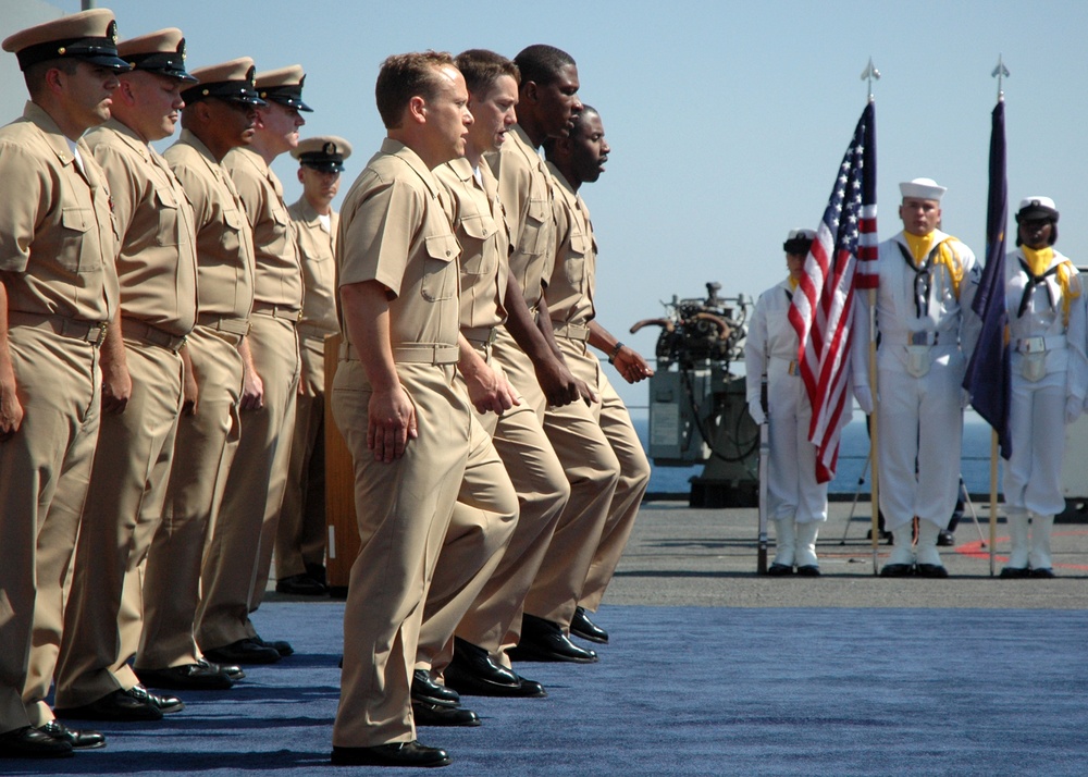 pinning ceremony aboard amphibious command ship USS Mt. Whitney
