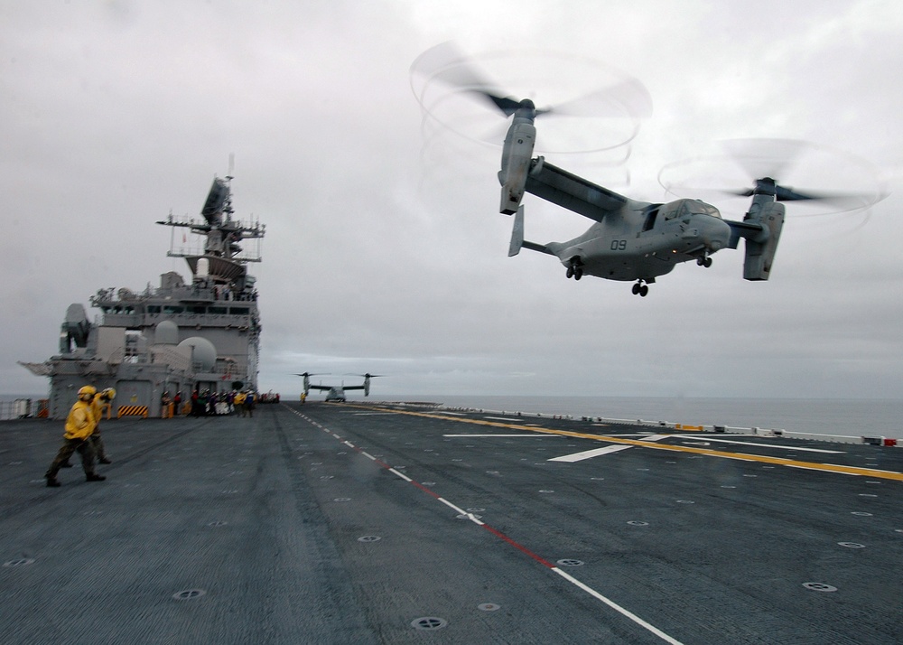 USS Iwo Jima conducts operations with V-22 Osprey