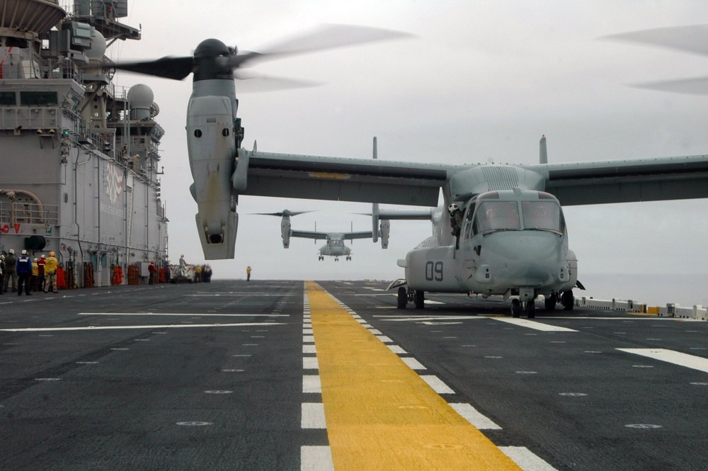 USS Iwo Jima conducts operations with V-22 Osprey