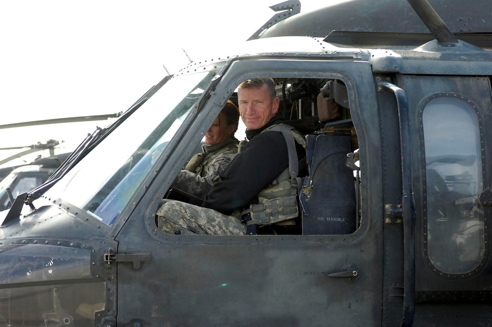 Army Chief Warrant Officer 5 Jim Myers after landing the UH-60 Blackhawk he