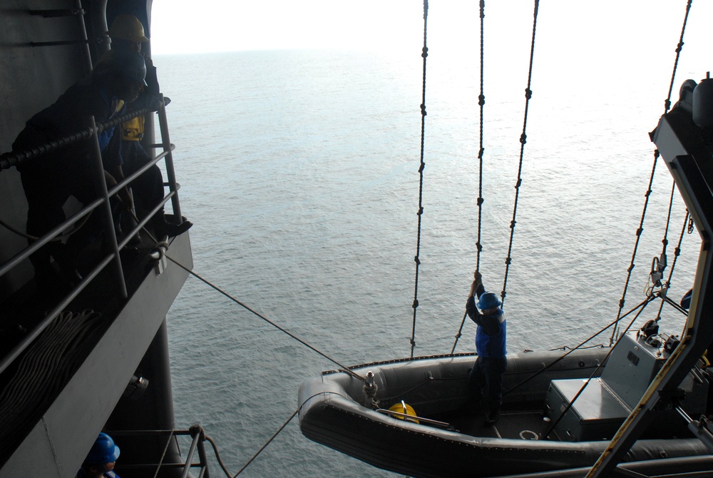 Inflatable boat lowered from USS Ronald Reagan