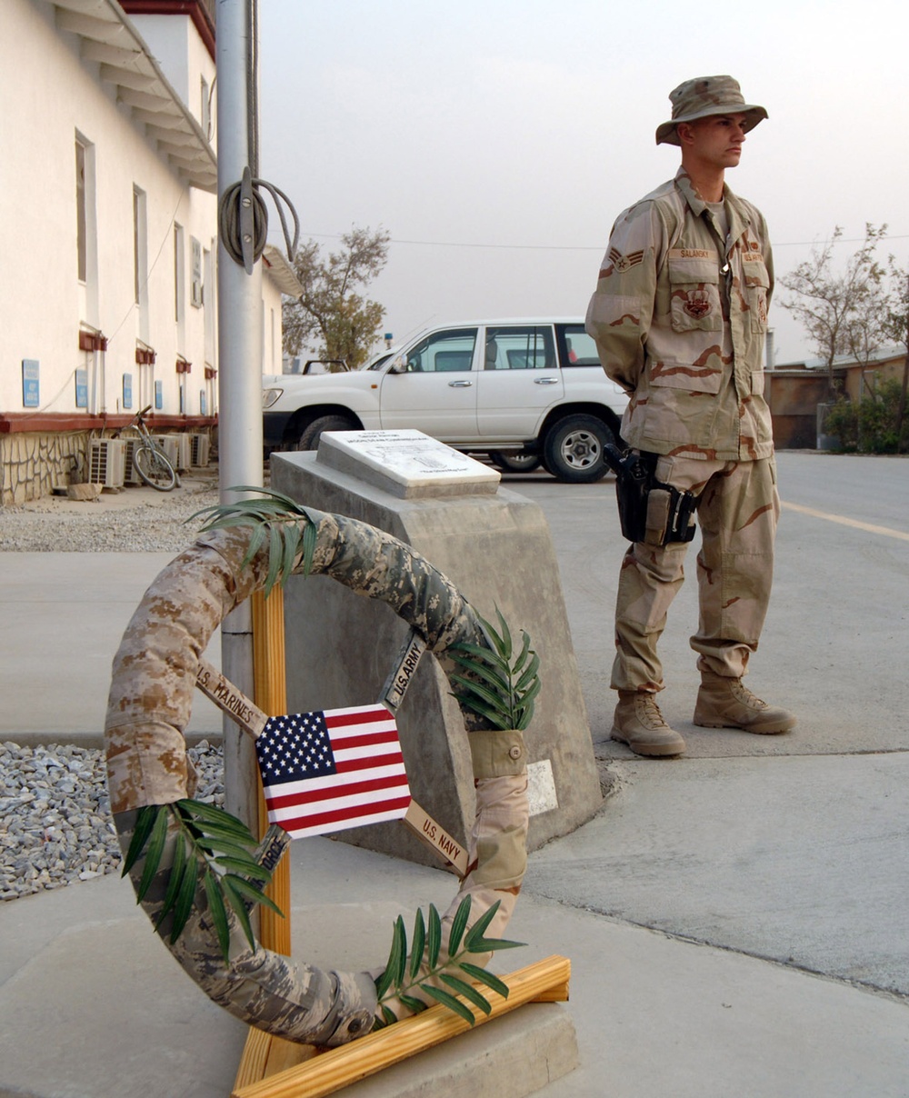 Senior Airman Michael Salansky of Uniondale, Pa., a member of the 455th Expeditionary Security Forces Squadron, stands a silent vigil here in honor of Veterans Day, Nov. 11.