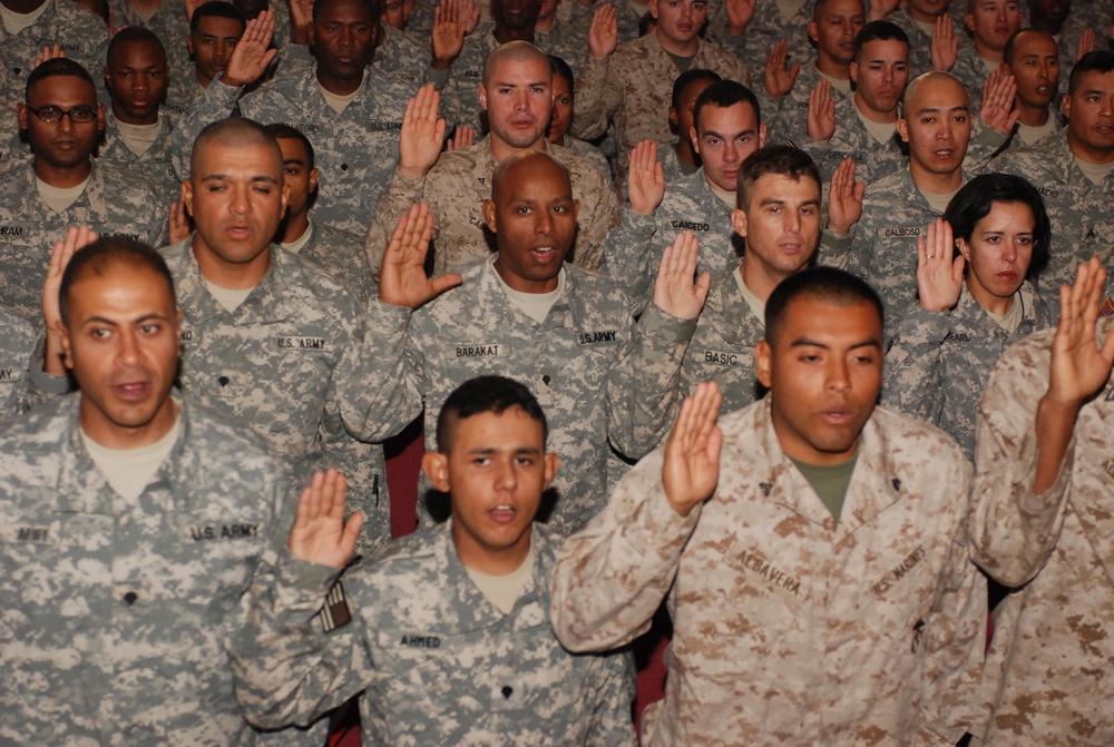 178 service members recited the Oath of Allegiance, Nov. 11, during the Veterans Day naturalization ceremony. Service members traveled to Logistics Support Area Anaconda from various locations throughout the area of operations to participate in the larges