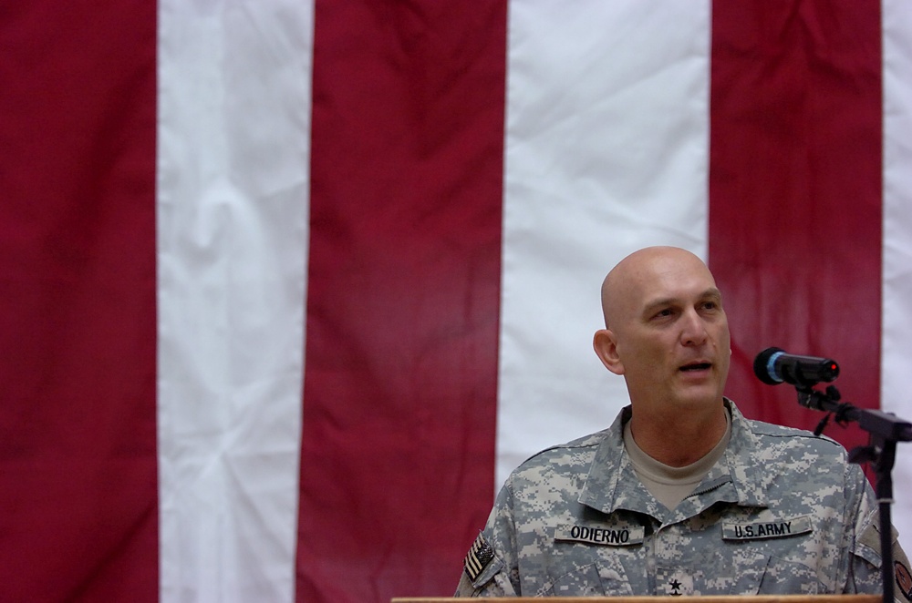 Lt. Gen. Ray Odierno, commander of Multi-National Corps -Iraq, speaks during MNC-I Veterans Day Observance Monday, Nov. 12, 2007, at Camp Victory. The event marked the fifth Veterans Day since the start of Operation Iraqi Freedom. U.S. Ambassador to Iraq,