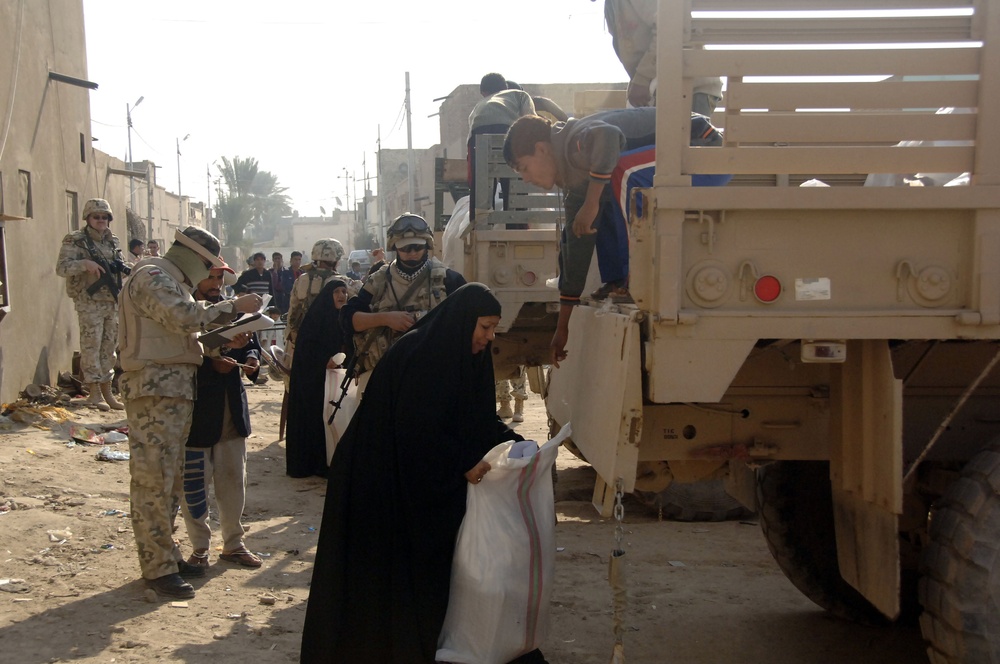 Soldiers distribute care packages to Iraqi civilians