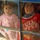 Two young children are visible through a multi-paned window with a blue wooden frame. The younger child on the left wears a pink sweater with a flower emblem, while the older child on the right wears a red 'Cecil' branded top. The window glass is dirty and slightly distorted, and additional figures are partially visible in the background.