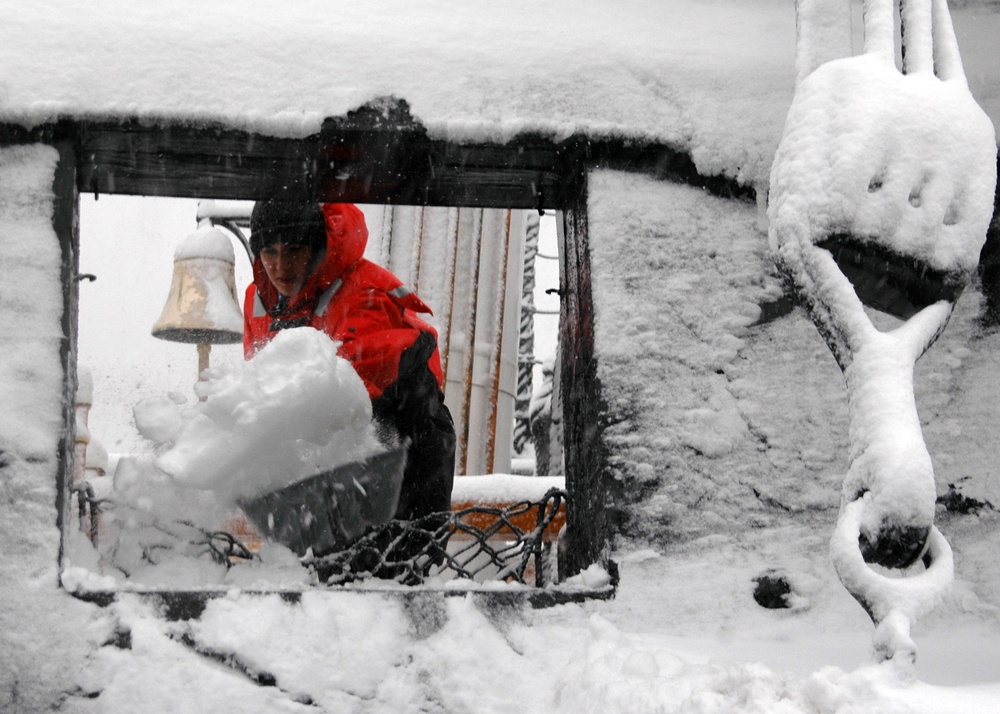 USS Constitution covered in snow