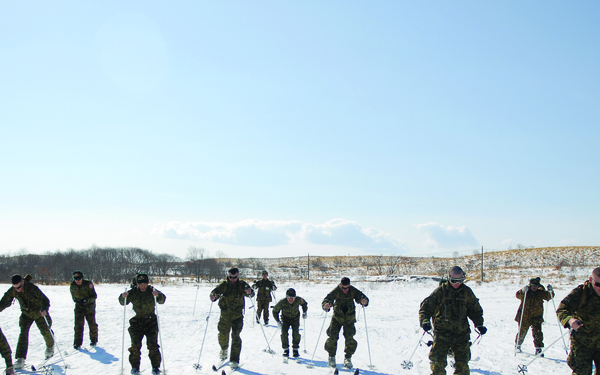 A large group of military personnel in camouflage uniforms are conducting cross-country skiing training on a snow-covered flat terrain. The soldiers are equipped with ski poles and appear to be in various stages of a skiing drill or exercise. The setting appears to be a cold-weather military training environment with sparse trees and rolling hills visible in the background.