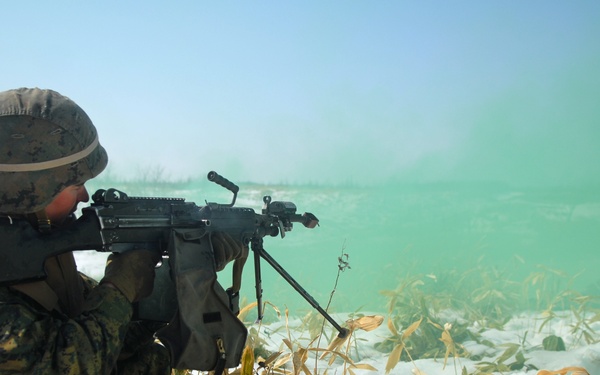 A soldier in digital camouflage uniform and helmet is positioned in a prone/crouching firing stance in a snow-covered field with dry vegetation. The soldier is aiming a light machine gun equipped with a bipod toward an area obscured by green-colored smoke. The scene appears to be a military training exercise based on the use of colored smoke grenades.