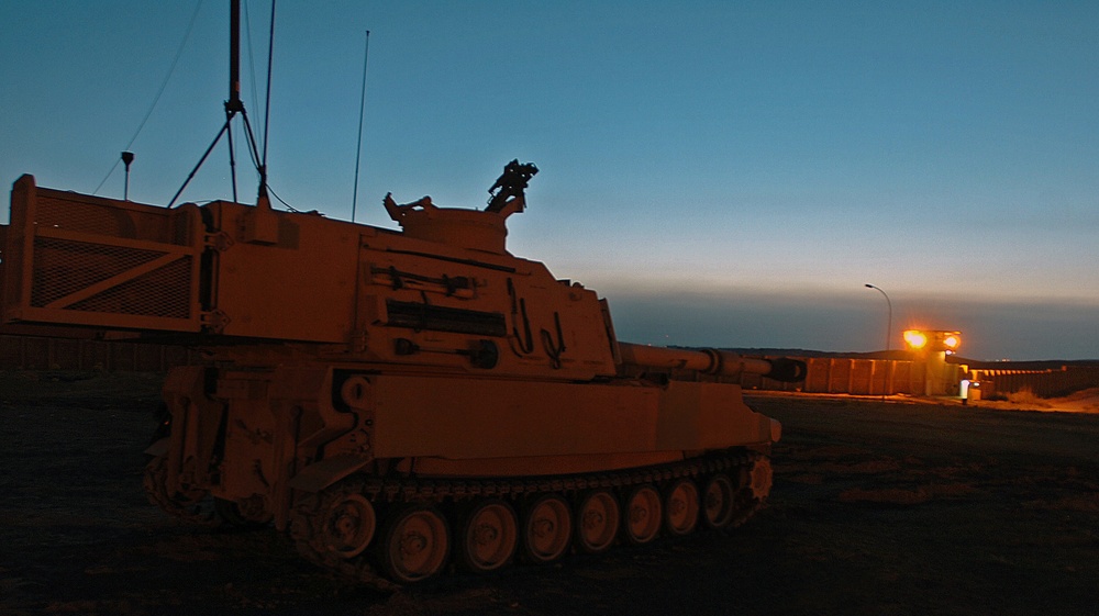 Paladin Howitzers fire rounds in support of ground troops