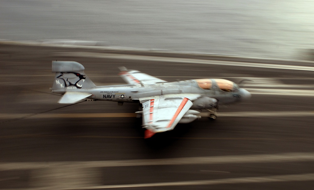 A &quot;Cougars&quot; Prowler lands aboard the USS Ronald Reagan