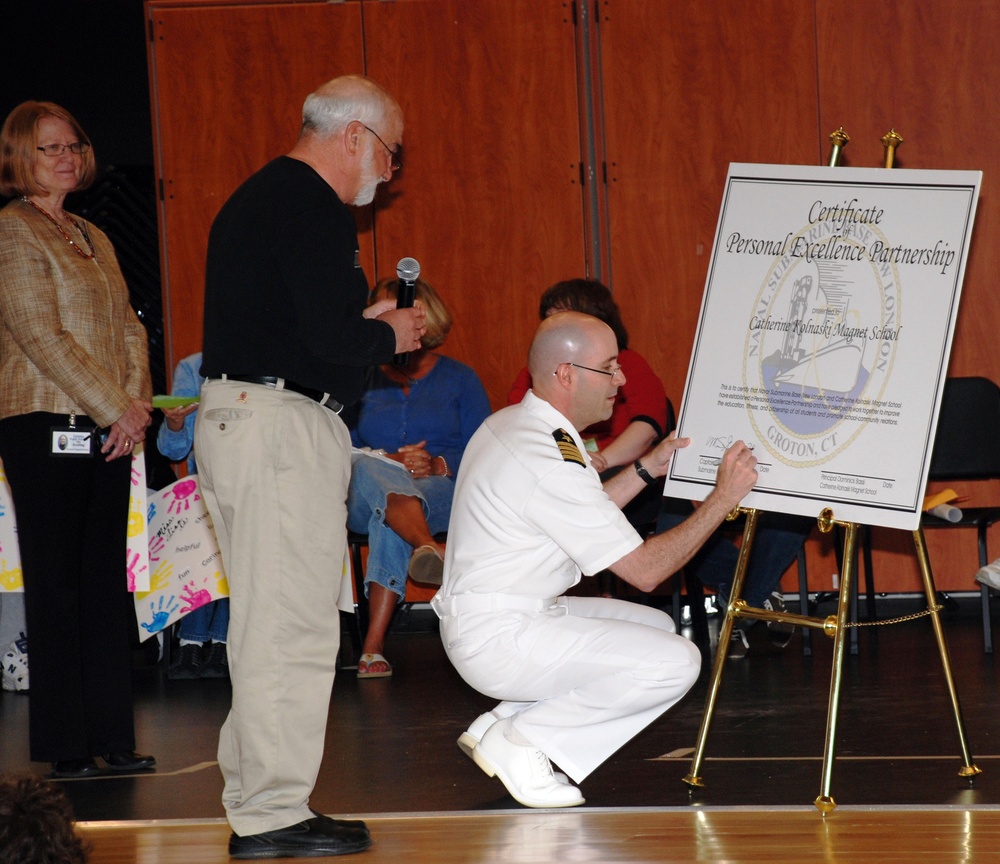 Naval Submarine Base New London commander visits Catherine Kolnaski Magnet School