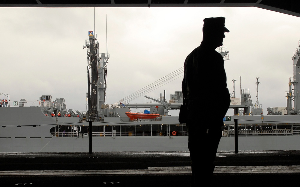 Carrier, frigate conduct replenishment-at-sea mission