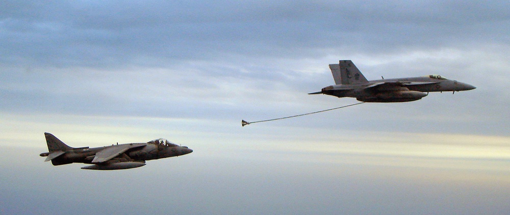 Harrier/Hornet air refueling maneuvers