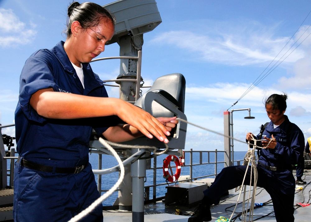 Preparing lines at sea