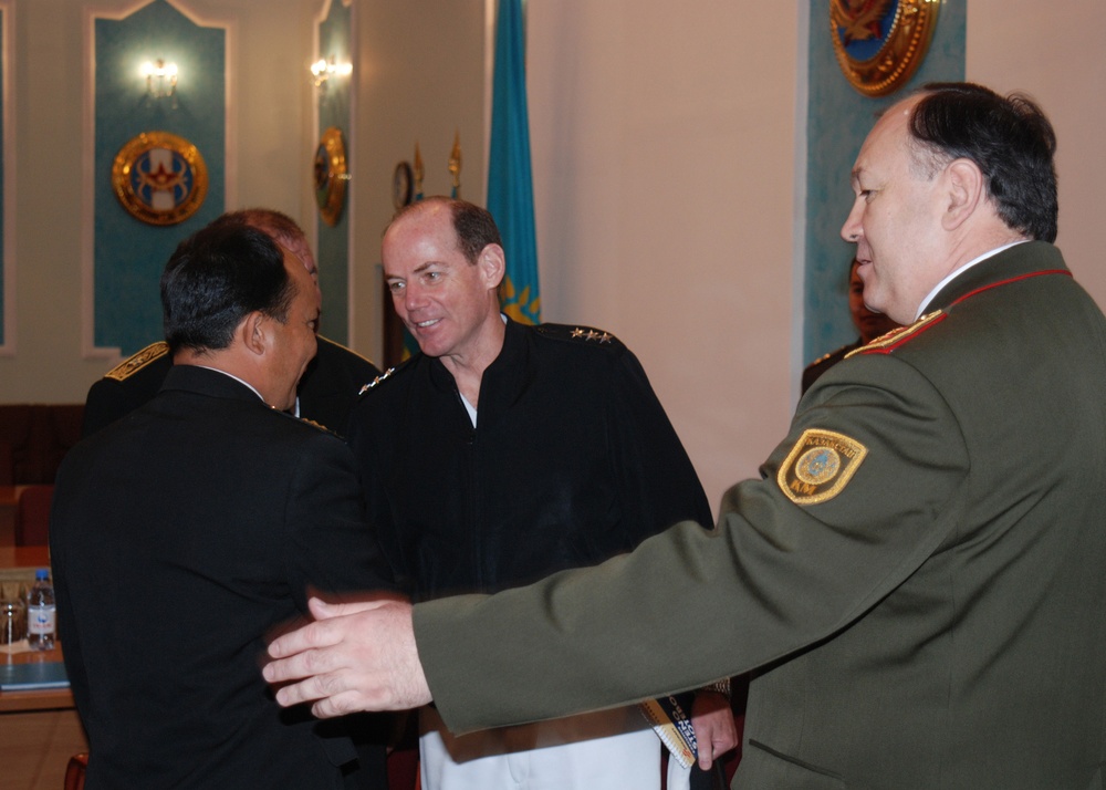 Vice Adm. Kevin Cosgriff meets with Kazakhstan Navy officials at the Ministry of Defense headquarters in Astana, Kazakhstan