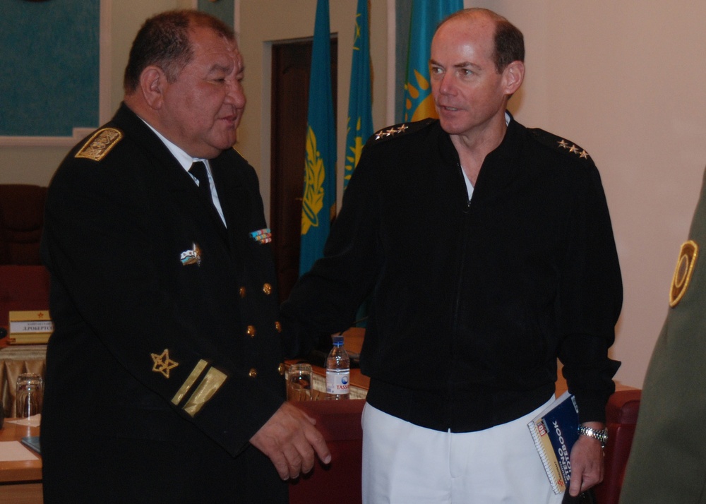 Vice Adm. Kevin Cosgriff meets with Kazakhstan Navy officials at the Ministry of Defense headquarters in Astana, Kazakhstan