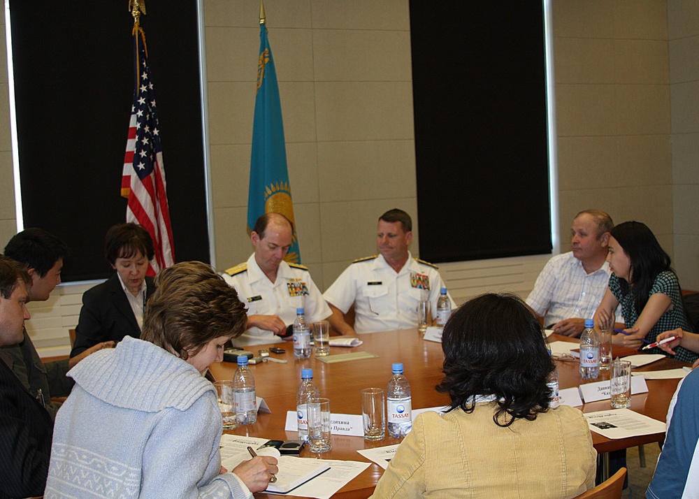 Vice Adm. Kevin Cosgriff meets with Kazakhstan Navy officials at the Ministry of Defense headquarters in Astana, Kazakhstan