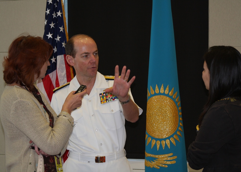 Vice Adm. Kevin Cosgriff meets with Kazakhstan Navy officials at the Ministry of Defense headquarters in Astana, Kazakhstan