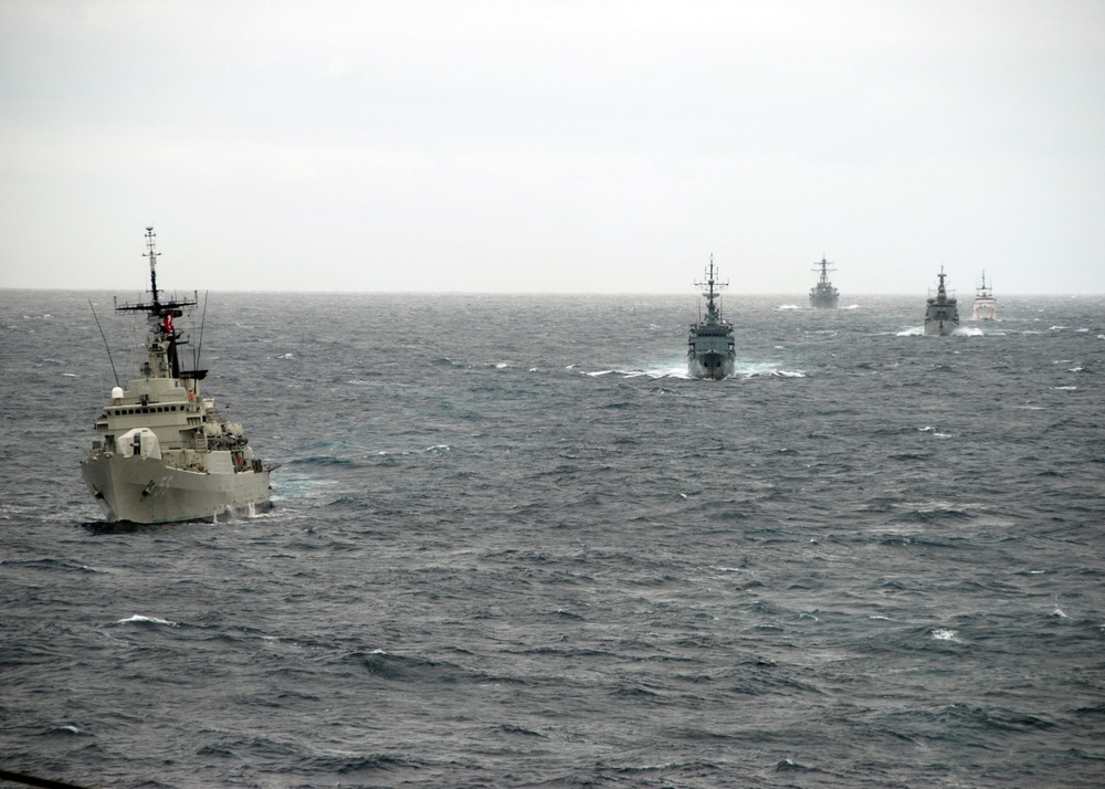 International ships aligning in the sea