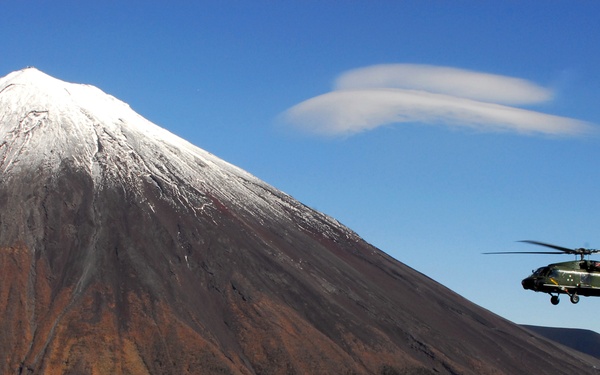 "Warlord" flies by Mt. Fuji