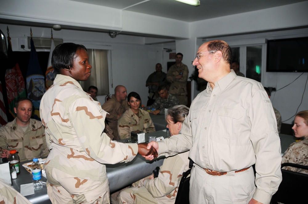 U.S. Secretary of Navy pays a visit to Camp Eggers' Navy personnel