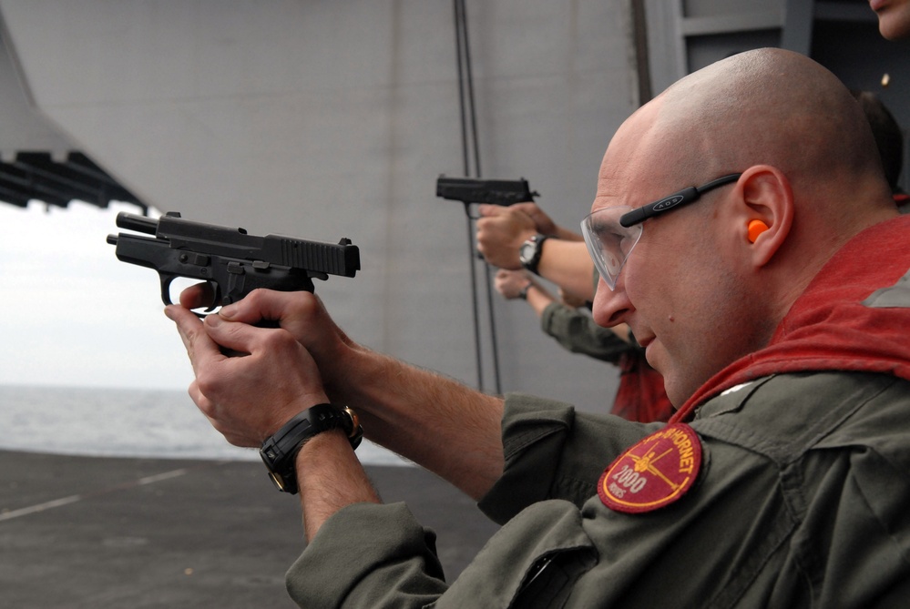 Weapons qualifiying exercise on USS Ronald Reagan