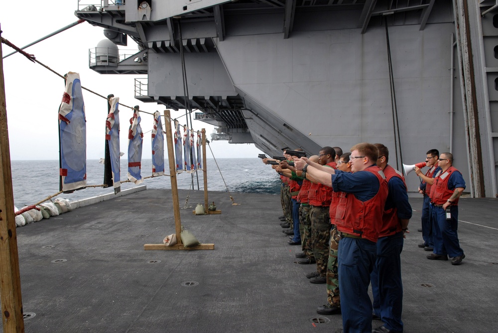 Weapons qualifiying exercise on USS Ronald Reagan