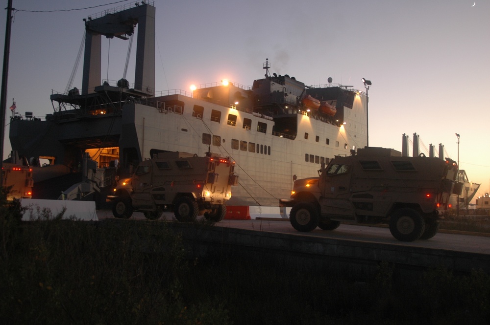 Mine Resistant Vehicles Loaded by Sealift