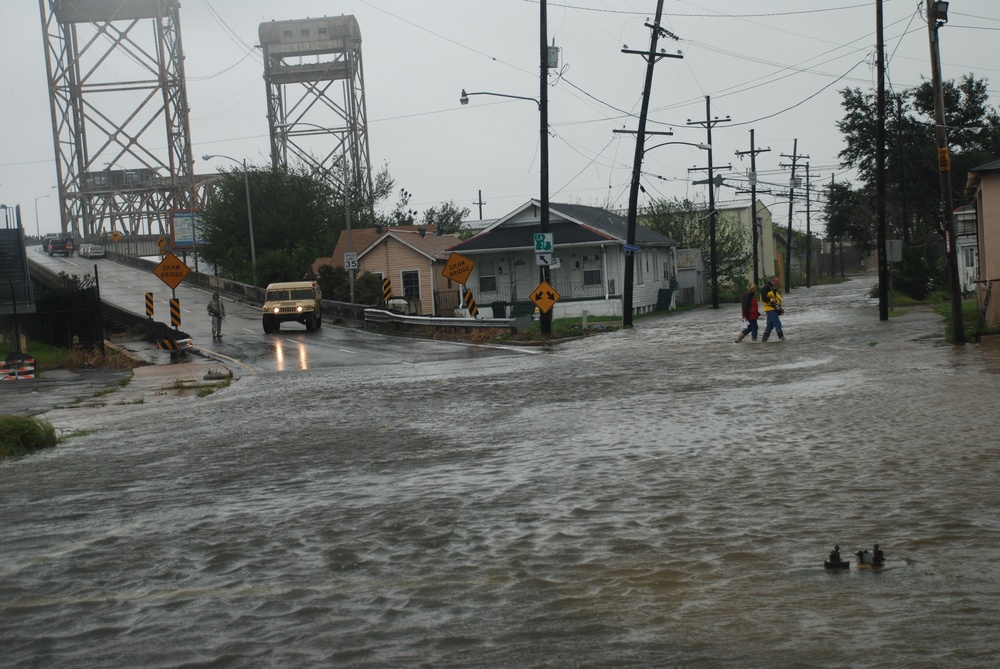 Louisiana National Guard sets up a road block in the upper 9th Ward of New Orleans