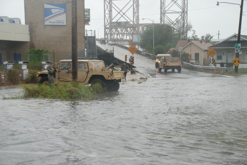 Louisiana National Guard sets up a road block in the upper 9th Ward of New Orleans