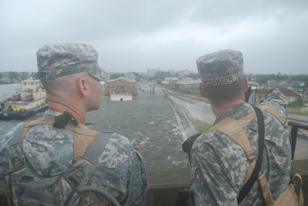 Louisiana National Guard sets up a road block in the upper 9th Ward of New Orleans